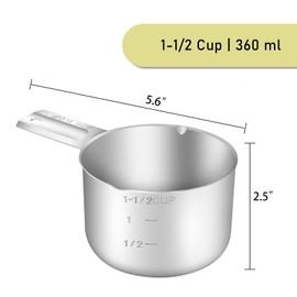 BERYLER 1PCS 1-1/2Cup (360ml, 12oz) Single Measuring Cup, Stainless Steel Measure Scoop, Metric and US Measurement, Dishwasher Safe