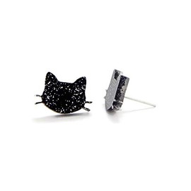 Black Cat Stud Earrings, Black Glitter Cat Head Earrings for Women, Handmade in USA