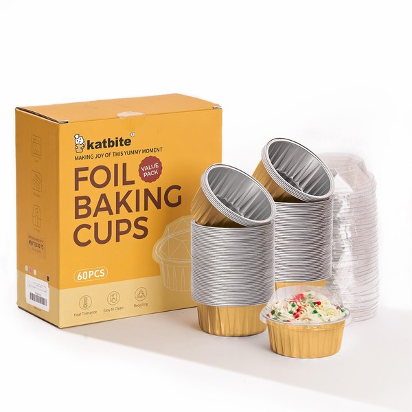 Disposable Ramekins with Lids - Katbite 60 Pack 5oz Aluminum Foil Cupcake Baking Cups, Muffin Tins for Creme Brulee, Desserts, Baking - Gold