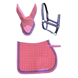 Equitem Horse Quilted All Purpose Saddle Pad, Halter and Ear Bonnet with Stripe Tape Accent (Pink)