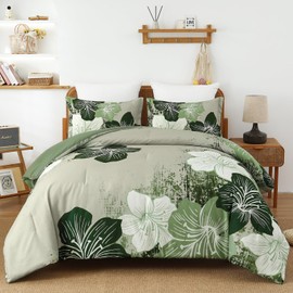Menghomeus Floral Comforter Set Queen Ombre Green Bedding Lightweight Microfiber Bed Comforter for All Season, 3 Piece Flowers Comforter with 2 Pillowcases