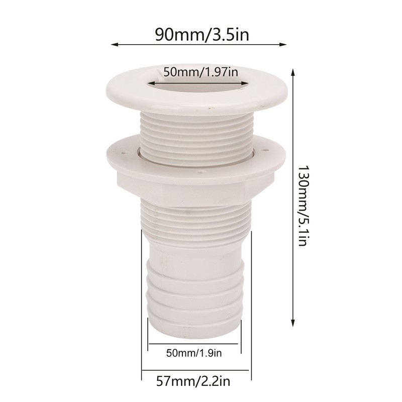 2in Through Hull Fitting Straight Drain Hose Polypropylene Inner Beam
