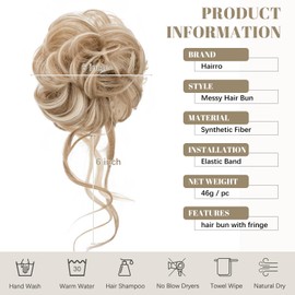 Hairro Messy Bun Hair Piece, #24BP88 Mix Ash Brown & Blonde Messy Hair Bun Scrunchies for Women Tousled Updo Fake Hair Bun Synthetic Wavy Curly Chignon Ponytail Hairpiece