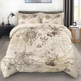 Pamnest Comforter Set King Size, Adventure Map Ocean Vintage Soft 3 Pcs Bedding for Kids and Adults, Rose Nautical Pirate Comforter Set with 2 Pillowcases, for Bedroom Bed Decor
