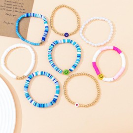 SINLOV 8pcs Boho Layered Clay Bead Bracelet Set Eyeball Simle Elastic Bracelet Colorful Soft Pottery Bracelet Adjustable Dainty Hand Jewelry for Women (Blue)