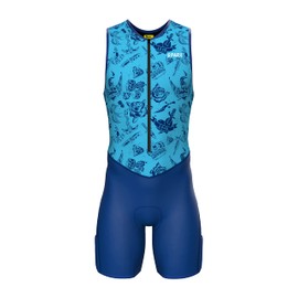 Sparx Men's Premium Triathlon Suit – Padded, Quick-Dry, Compression Fit, Lightweight Tri Suit for Swim, Bike, Run Race & Training (XL, Blue Tattoos)