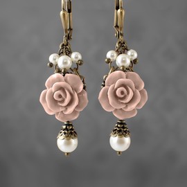 Resin Rose Earrings with Ivory-Colored Crystal Simulated Pearls (Blush Pink)