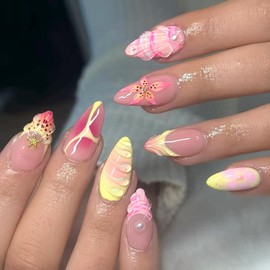 24Pcs Flower Press on Nails Medium Almond Summer Fake Nails with French Tip Nails Design Gold Starfish Pearl Nails Spring False Nails Full Cover Artificial Glue on Nails Cute Stick on Nails for Women