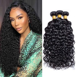 BilltiiWW Black Human Hair Weave Water Wave Hair Bundles Brazilian 20 22 24 Inch Color #1B Water Wave Bundles Hair Extensions Soft and Silky for Women