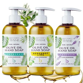 Brittanie's Thyme Organic Natural Hand Soap - Castile Soap Made Olive Oil And Natural Luxurious Essential Oils. Vegan & Gluten Free (Bergamot/Lavender/Lemongrass)