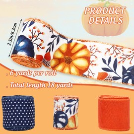 JarThenaAMCS 3 Roll Fall Wired Edge Ribbon 2.5 Inch & 2 inch Blue Orange Autumn Pumpkin Leaf Dots Ribbon for Bow Wreath Craft Gift Wrap Farmhouse Thanksgiving Holiday Party Decor, 18 Yard