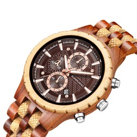 XIRUVE Wooden Quartz Watch for Men Wooden Watch Date Chronograph with Gift Box, red, Bracelet