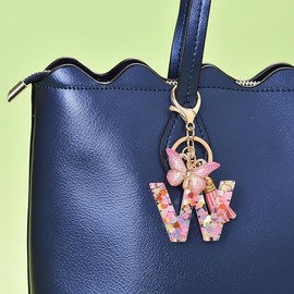 Fashion Alphabet Initial Letter Keychain Tassel Butterfly Pendant Key Ring for Purse Handbags Women Girl (Pink, One size)