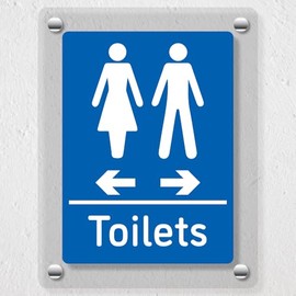 V Safety Toilets - Women Left/Men Right Arrows Blue Acrylic Sign 200x300mm - Durable, Shatterproof Directional Signage