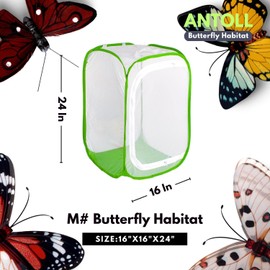 Antoll 3Pcs 24" M Size Green Butterfly Habitat Cage, Monarch Butterfly Habitat, Butterfly Cage for Caterpillars, Flying Insect Mesh Cage, Outdoor Observation Plant, Pop-Up Open Size: 16"x16"x24"