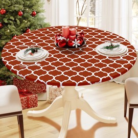 Smiry Round Picnic Tablecloth, Waterproof Elastic Fitted Table Covers for 36" - 44" Tables, Wipeable Flannel Backed Vinyl Tablecloths for Camping, Indoor, Outdoor, Rust