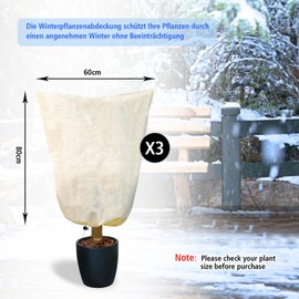 WUCHAITOO Frost Protection Cover for Plants, Pack of 3, Plants Winter Protection, Cover Plants Winter Plant Protection Bag with Drawstring, Plant Cover, Frost Protection, Fleece, 80 x 60 cm, Beige