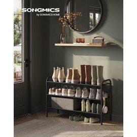 SONGMICS Shoe Rack, 3 Tier Shoe Organizer, Fabric Shoe Shelf Storage with 4 Hooks, Holds up to 15 Pairs of Shoes, Height-Adjustable Shoe Rack for Entryway, Hallway, Closet, Easy Assembly, Ink Black