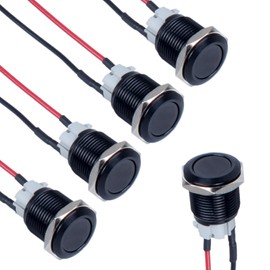 DMWD 5pcs 16mm Latching Metal Push Button Switch Aluminium Shell with Pre-soldered Cable 1NO 12V 24V 36V 110V 250V Waterproof IP66 Without LED (Black Flat Head)