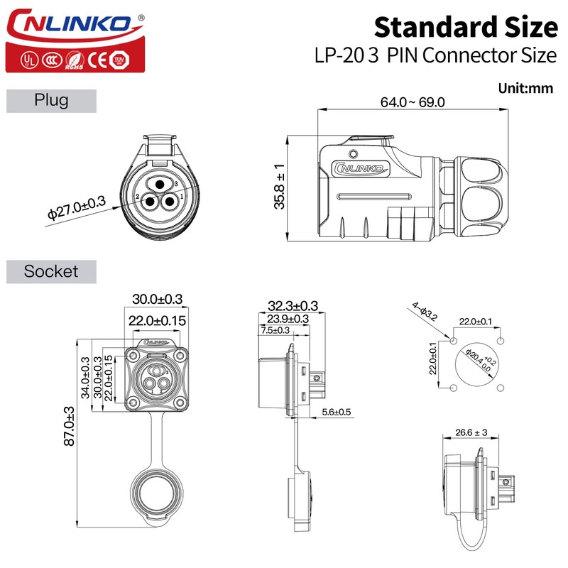 CNLINKO LP-20 3-Pin Waterproof Connector - Quick Plugging & Secure