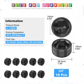 Glarks 10 Pieces Carbon Steel 3/4 Inch NPT Male Pipe Plug Fitting Assortment Set Hexagon Socket Threaded Bushing Pipe Plug Kit