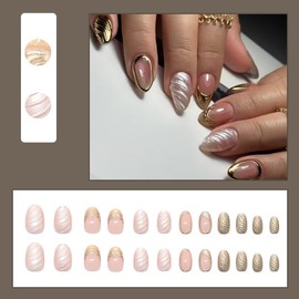 MouyouGlow Short False Nails, Round Nude 3D Gold Twill French Aura Glitter Press on Nails with Nail Glue, Natural Base Golden Striped Shimmer Fake Nails