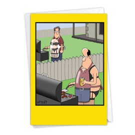 Man Aprons - Hilarious Happy Birthday Card with Envelope (4.63 x 6.75 Inch) - Funny Bday Celebration Note Card for Husband, Men - Cartoon Backyard Grill Humor, Notecard for Men's Birthdays C6392BDG