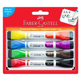 Faber-Castell Dry-erasable Bi-Colour Magnetic Whiteboard Markers, Assorted – Blister Pack of 4, (67-010040)