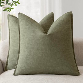 Foindtower Pack of 2, Decorative Linen Soild Throw Pillow Covers Soft Accent Cushion Case Farmhouse Neutral Pillowcase for Chair Couch Sofa Bedroom Living Room Home Decor 18x18 Inch Olive Branch Green
