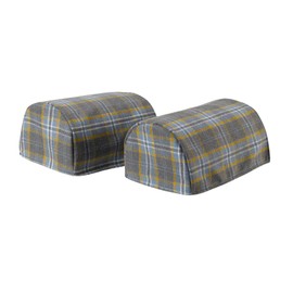 Checked Poly Wool Pair of Standard Round Arm Caps Sofa Cover (Blue & Grey)