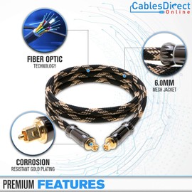 Cables Direct Online 6FT Premium Toslink Optical Audio Cable High Fidelity Digital Fiber Optic Cord for Home Theater, Sound Bar, Gaming Consoles Durable Nylon Braided Design Gold-Plated Connectors