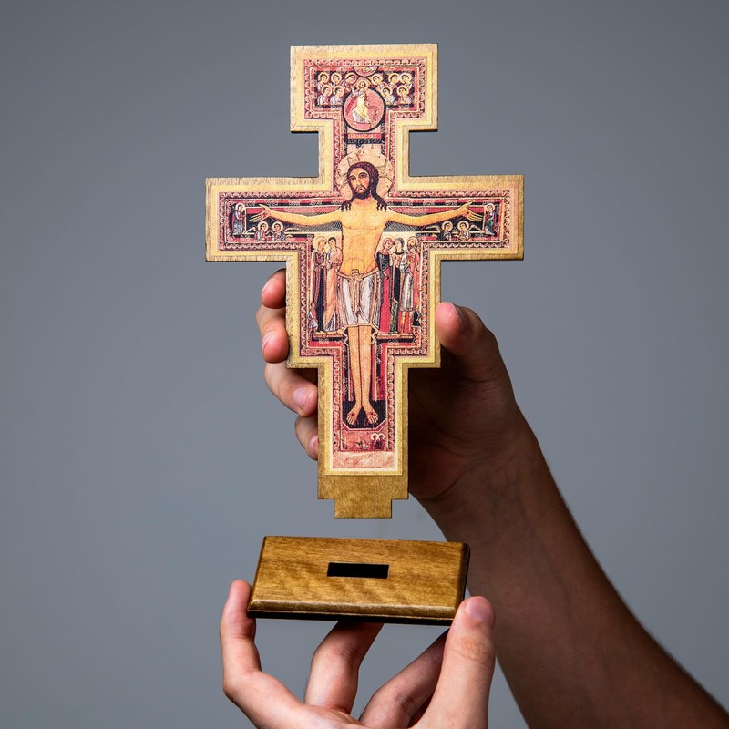 Intercession San Damiano Standing Wood Cross Crucifix