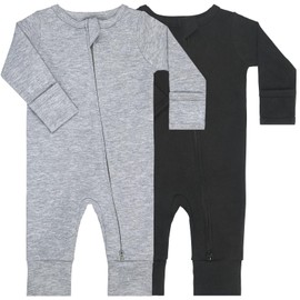 GUISBY Cotton Sleepers Footless Pajamas with Zipper and Mittens Long Sleeve Rompers for Baby Black+Grey 6-12 Months
