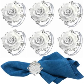 RAYYXP Flower Napkin Rings Set of 12,Silver Napkin Ring Holder White Rose Serviette Buckles Elegant Floral Table Decor for Wedding Birthday Party Dinner and Daily Use