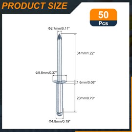sourcing map 50Pcs 3/16"x3/4" Countersunk Head Blind Rivets, Zinc-Plated Carbon Steel Grip and Mandrel Cap Blind Rivets, Silver