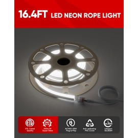 Shine Decor 16.4FT LED Neon Rope Lights, Bright 6300K Cool White AC110V-120V Neon Strip Light, 8x16mm Cuttable Waterproof SMD2835 120LED/M Indoor Outdoor Light Strips, DIY Ambiance Lighting Decoration