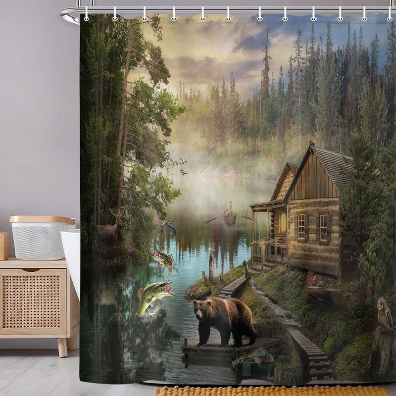 Bzhilja Natural Scenery Lake House Bear Shower Curtain Sets, Wooden