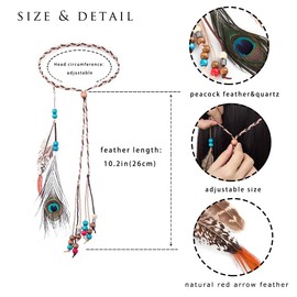 Campsis Campsis Indian Peacock Feather Headbands Boho Princess Head Chain Bule Adjust Headdress Handmade Rope Hair Accessories for Women and Girls (G)