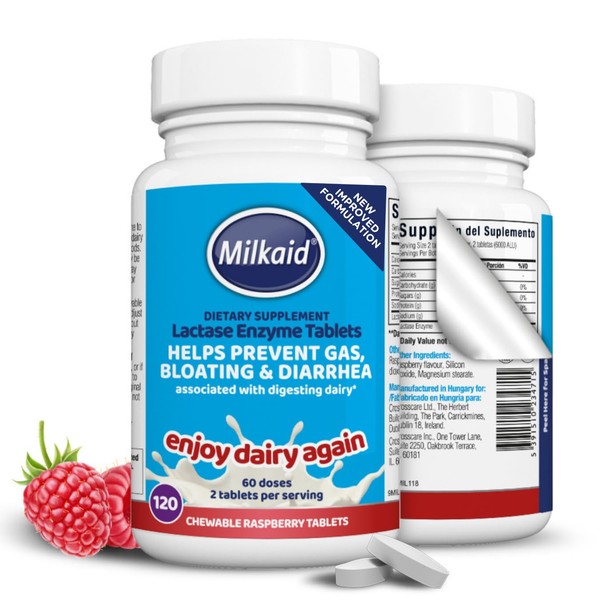 Milkaid Lactase Enzyme Chewable Tablets for Lactose Intolerance Relief | Prevents Gas, Bloating & Diarrhoea | Fast Acting Dairy Digestive Supplement | Gluten Free & Vegan | 120 tablets