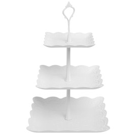 SZJYG 3 Tiers Cake Display Stand, White Afternoon Tea Stands, Plastic Square Cup Cake Fruit Dessert Party Server Plates Stands, Reusable Food Serving Platter Stand for Birthday, Wedding, Party