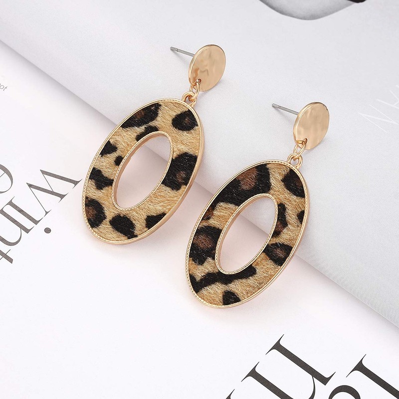 Leopard Drop Earrings Geometric Faux Leather Hoop Dangle Earring Statement