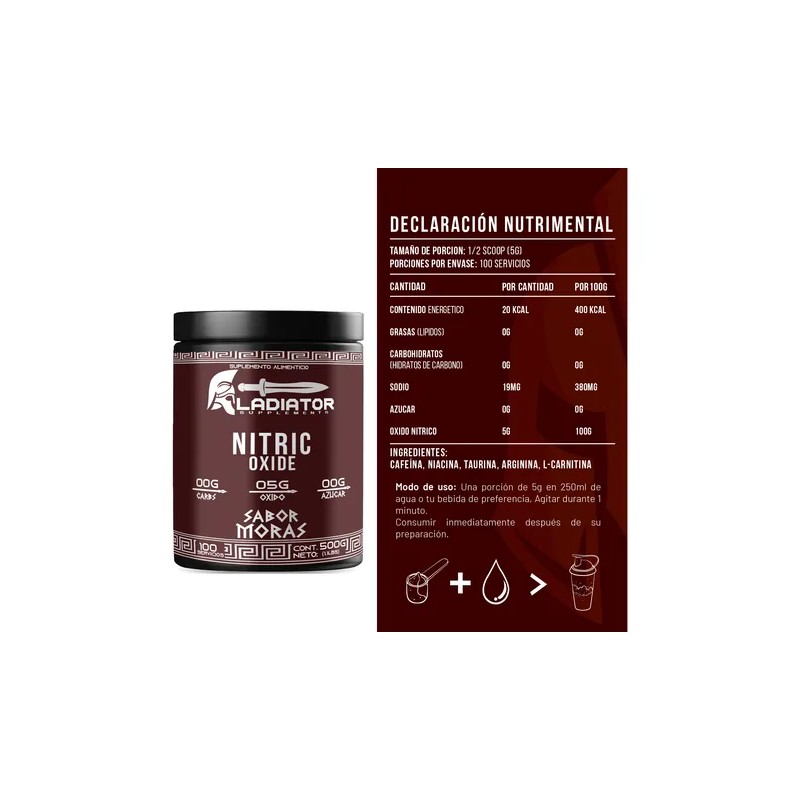 Óxido Nítrico Gladiator 500gr 100 Servicios Varios Sabores