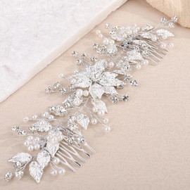 BERYUAN Wedding Leaf Flowers Hair Comb Handmade Rhinestone Pearls Bridal Headpiece Wedding Hair Accessories for Brides Bridesmaid (silver)