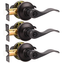Probrico 3 Pack Keyed Alike Entry Door Lever [Lock with 3 Combo Keys],Locking Door Handle for Office or Front Door,Oil Rubbed Bronze Wave Entrance Door Lock, Reversible Right & Left Side Handed