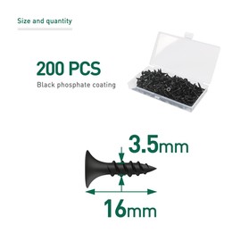 FOMGIIN Chipboard Screws Drywall Screws M3.5 x 16 mm, Pack of 200 Black Coarse Thread Drywall Screws Wood Drywall Screws Drywall Screws Plasterboard Screws Plasterboard Screw