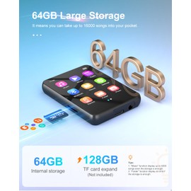 64GB MP3 Player with Bluetooth 5.3, Portable Digital Lossless Music Player with Built-in Speaker, 2.4 in Full Touch Screen, FM Radio, Line-in Voice Recorder, Earphones Included, Support up to 128GB