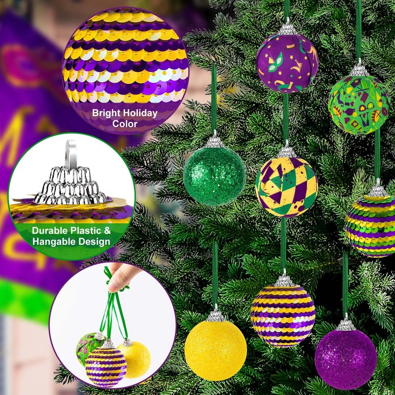 16Pcs Mardi Gras Ball Ornaments, Shatterproof Mardi Gras Decoration Tree