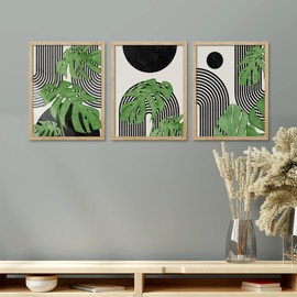 SIGNWIN Frame Mid-Century Modern Geometric Monstera Leaf Wall Art, Set of 3 Nature Wilderness Illustrations Wall Decor Prints Minimalist Wall Décor for Living Room, Bedroom -