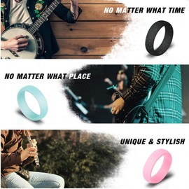 HSQYJ 4 Pack Silicone Wedding Rings for Women Men Comfortable Rubber Band Waterproof Rings for Sport Comfortable fit Skin Safe Glitters Black Blue Pink 5.7MM Width (5)