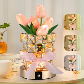Lámpara de tulipán, lámpara de tulipán recargable con flores artificiales LED con jarrón de vidrio y temperatura de 3 colores, lámpara de mesa inalámbrica táctil regulable, regalo único de cumpleaños